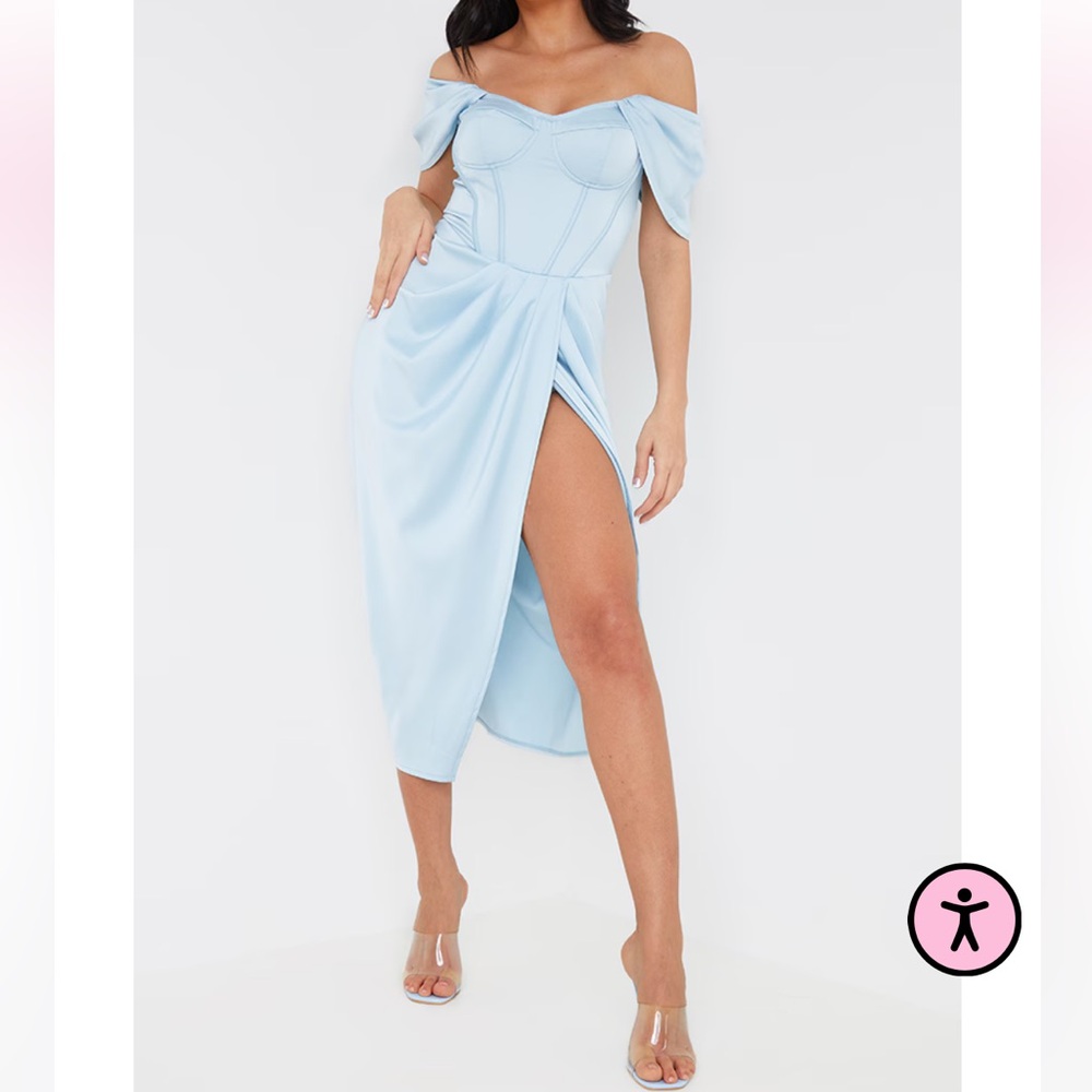 Baby blue corset draped bardot midi dress